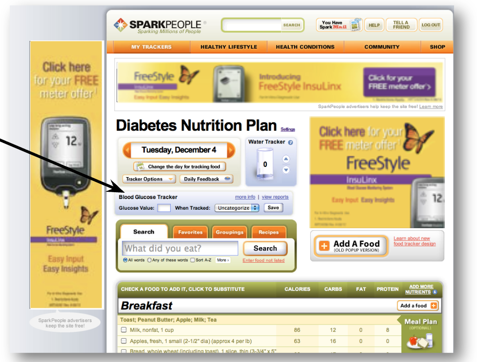 A page from the original SparkPeople with a member's blood glucose and food trackers surrounded by banner ads on every side